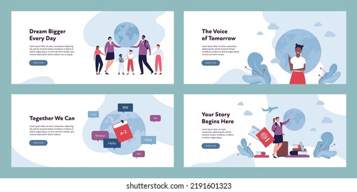 Education abroad banner template concept. Vector flat design character illustration set. Group of different ethnic boy and girl pupil student. Planet Earth, ticket, id, various language, plane symbol