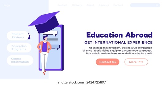 Education abroad, get international experience and find job. Studying on foreign courses, getting certification and knowledge. Website landing page template, internet site, vector in flat style