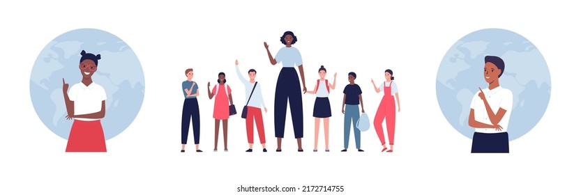 Education abroad and global child travel concept. Vector flat people illustration set. Group of multiethnic kids and african teacher character in casual outfit with backpack. Planet earth symbol.