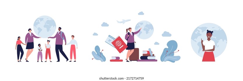 Education abroad and global child travel concept. Vector flat people illustration set. Group of multiethnic kid character in casual and uniform. Planet earth, id, ticket and book symbol.