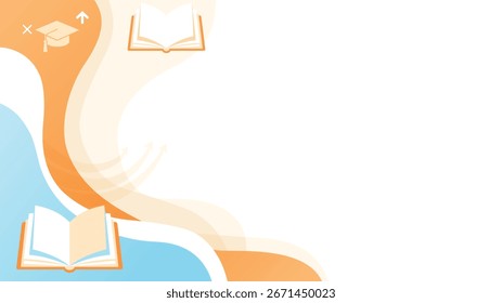 Education abstract background with open book icon and graduation cap on colorful wave design for school learning study banner flyer poster or presentation