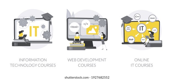 conjunto de ilustraciones vectoriales de concepto abstracto de educación de TI. Cursos de tecnología de la información, tutoriales de desarrollo web, formación en TI en línea, certificación de interfaz y retroceso, metáfora abstracta de computación.