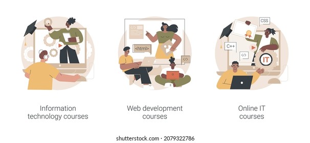 conjunto de ilustraciones vectoriales de concepto abstracto de educación de TI. Cursos de tecnología de la información, tutoriales de desarrollo web, formación en TI en línea, certificación de interfaz y retroceso, metáfora abstracta de computación.