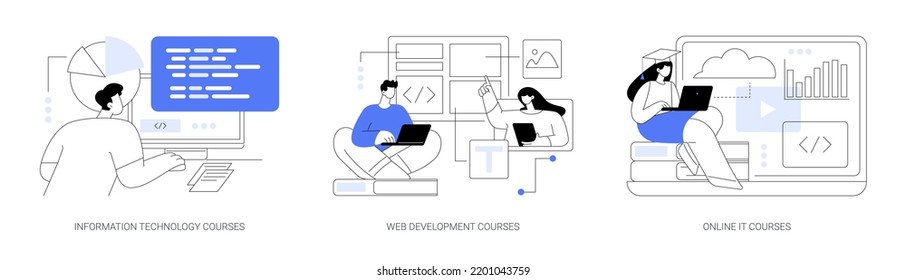 IT Education Abstract Concept Vector Illustration Set. Information Technology Courses, Web Development Tutorials, Online IT Training, Frontend And Backend Certification, Computing Abstract Metaphor.