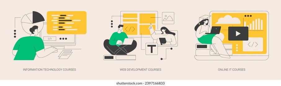 IT education abstract concept vector illustration set. Information technology courses, web development tutorials, online IT training, frontend and backend certification, computing abstract metaphor.