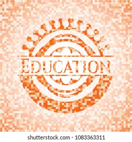Education abstract emblem, orange mosaic background