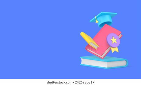 Education academic graduation back to school banner with copy space 3d icon realistic vector illustration. Knowledge learning book literature with bachelor hat and medal success achievement