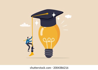 Education or academic help create business idea, skill and knowledge empower creativity concept, smart intelligence business man climb up bright light bulb idea waring mortarboard graduation cap.
