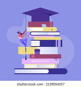 Education or academic help create business idea, skill and knowledge empower creativity concept, businesswoman climb pile of book to reach a graduation hat