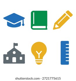 Education and Academic Learning Icon Set with Graduation Cap, Book, Pencil, School Building, Idea Lightbulb, and Ruler