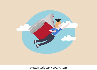 Education Or Academic On Personal Development, Knowledge To Empower Career Growth And Improve Business Skill Concept, Success Graduated Student Flying With Book Wings In The Sky Aim For Bright Future.