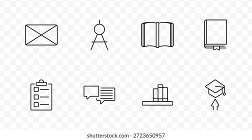 Education and academic tools set icon. Book, message, board, chart, shelf, cap, and comment icons visualize learning, content, resources, and knowledge communication