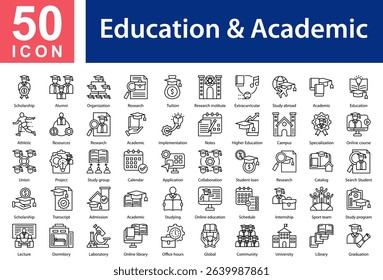 Education and AcademicCollection of Icons with Outline Style Containing: Scholarship,Alumni,Organization,Research,Tuition,Research institute,Extracurricular,Study abroad,Academic,Education
