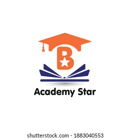 Education and academy letter B logo concept with opened book, star, and graduation cap. Course and training logo style vector template