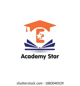 Education and academy letter E logo concept with opened book, star, and graduation cap. Course and training logo style vector template
