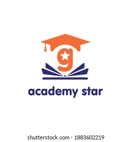 Education and academy letter g logo concept with opened book, star, and graduation cap. Course and training logo style vector template