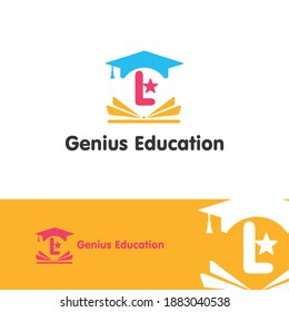 Education and academy letter L logo concept with opened book, star, and graduation cap. Course and training logo style vector template