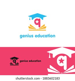 Education and academy letter q logo concept with opened book, star, and graduation cap. Course and training logo style vector template
