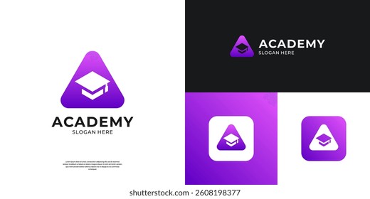 Education academy logo design. Simple graduation cap symbol with negative space letter A logo.
