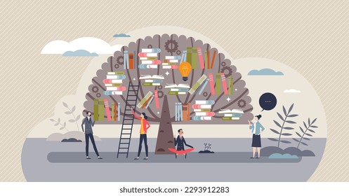 Education and access to resources and book literature tiny person concept. Library as growing knowledge tree for learning, training and personal development vector illustration. Reading and study.