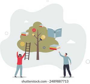 Education and access to resources and book literature.Library as growing knowledge tree for learning, training and personal development.flat design.illustration with people.