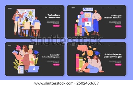 Education Access set. Showcasing diverse learning resources like technology, multilingual tools, community programs, and scholarships. Vector illustration.