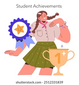 Education achievement concept. Illustration of a proud student with a medal and trophy for academic success. Celebrating excellence in education. Vector illustration.