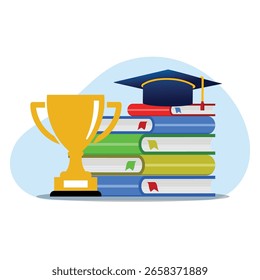 Vetor de realizações educacionais. Troféu dourado com boné de graduação e livros empilhados. Ilustração plana para o conceito de bolsa de estudos, aprendizagem e sucesso acadêmico.