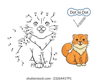 Education activity page. Kids game of dot to dot. Kids art worksheet. Finish drawing image of cute cat. Children drawn riddle by numbers. Vector illustration.