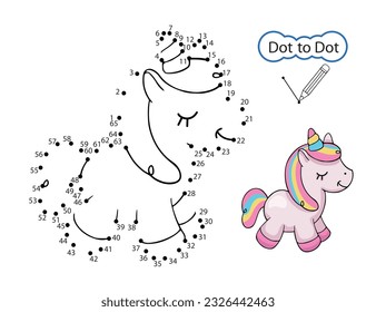 Education activity page. Kids game of dot to dot. Kids art worksheet. Finish drawing image of cute unicorn. Children drawn riddle by numbers. Vector illustration.