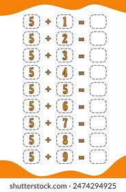 educación adición matemática hoja de cálculo número niños libro preescolar caricatura escolar. ilustración del juego página de Vector puzzle actividad lógica jardín de infantes niños contando.