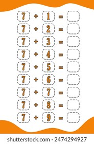education addition math worksheet number children book preschool school cartoon. game illustration vector page puzzle activity logic kindergarten kids counting. educational child calculation play.