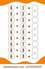 educación adición matemática hoja de cálculo número niños libro preescolar caricatura escolar. ilustración del juego página de Vector puzzle actividad lógica jardín de infantes niños contando.