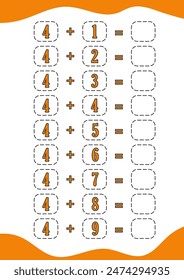 education addition math worksheet number children book preschool school cartoon. game illustration vector page puzzle activity logic kindergarten kids counting. educational child calculation play.
