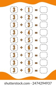 education addition math worksheet number children book preschool school cartoon. game illustration vector page puzzle activity logic kindergarten kids counting. educational child calculation play.
