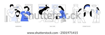 Education in aesthetics isolated cartoon vector illustrations set. Barbering course, study hair treatment, nail care training, manicure master, cosmetology student, vocational school vector cartoon.