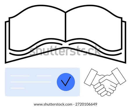 Education, agreement, documentation, trust, validation, business concepts. Open book, handshake verified document icon. Education and agreement with open book and handshake graphic