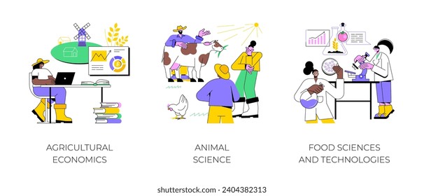 Education in agriculture isolated cartoon vector illustrations set. Agricultural economics, training agribusiness workers, animal science, study food technologies, farmer support vector cartoon.