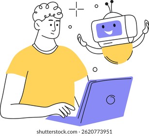 Educación con el Vector de tecnología de IA. Estudiantes y profesores que utilizan herramientas de inteligencia artificial para el aprendizaje, la enseñanza, la planificación de lecciones y la preparación de exámenes. Incluye personajes que interactúan con personajes inteligentes