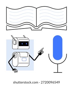 Educación, herramientas de IA, aprendizaje en línea, procesamiento de idiomas, reconocimiento de voz, intercambio de conocimientos. Robot apuntando a un micrófono bajo un libro abierto. Concepto de herramientas de Educación e IA