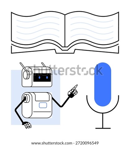 Education, AI tools, online learning, language processing, voice recognition, knowledge sharing. Robot pointing to a microphone under an open book. Education and AI tools concept