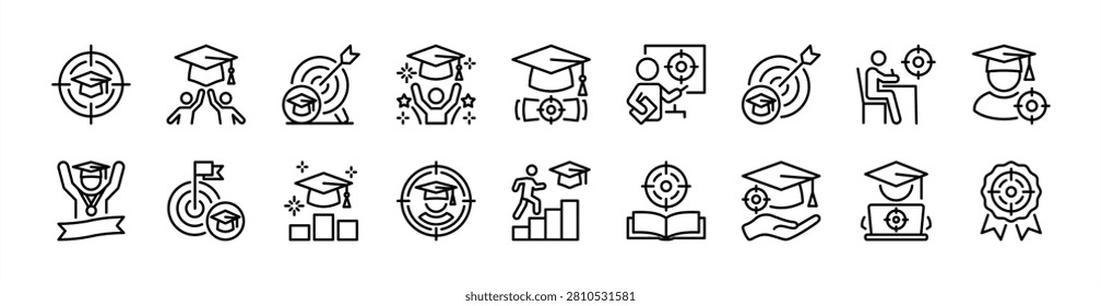 Education aim, target and bullseye thin line icon set. Contains graduation cap, celebration, success, achievement, champion, student, college, textbook, study - vector illustration