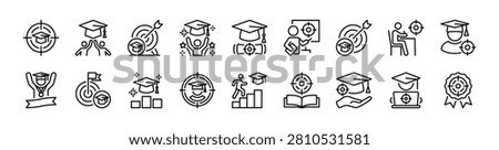 Education aim, target and bullseye thin line icon set. Contains graduation cap, celebration, success, achievement, champion, student, college, textbook, study - vector illustration