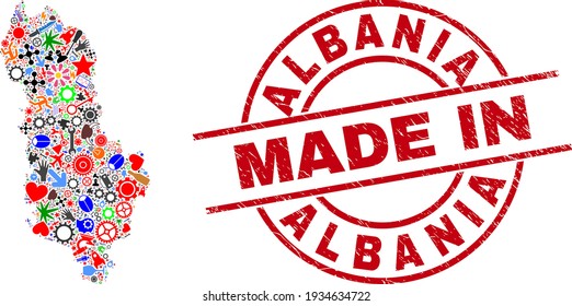 Education Albania map mosaic and MADE IN grunge rubber stamp. Albania map composition formed from spanners, gear wheels, instruments, air planes, transports, power sparks, details.