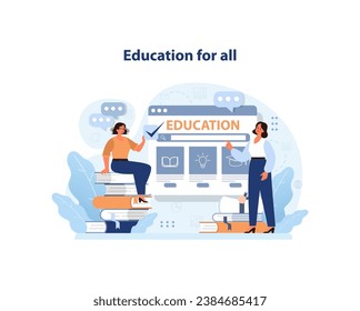 Education for all. Global and affordable education. Open school and university. Human rights and SDG or sustainable development goal idea. Global target for social progress. Flat vector illustration