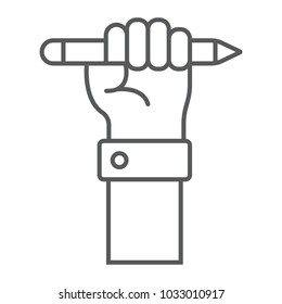 Education for all thin line icon, e learning and education, pencil in hand sign vector graphics, a linear pattern on a white background, eps 10.