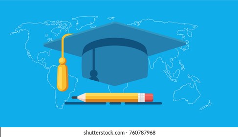 Education for all in world concept, world map with academy hat and pencil, teaching and studying online flat illustration on blue background