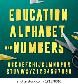 Education alphabet and numbers, paper craft design, cut out by scissors from paper. Vector illustration. 