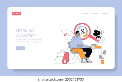 Education analytics concept. A student with tech assists analyzes data, enhancing learning outcomes. Digital progress tracking. Vector illustration.