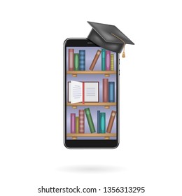 Education app, bookshelves with books on smartphone screen. Online digital library. Modern concept for web banners, web sites. Vector illustration